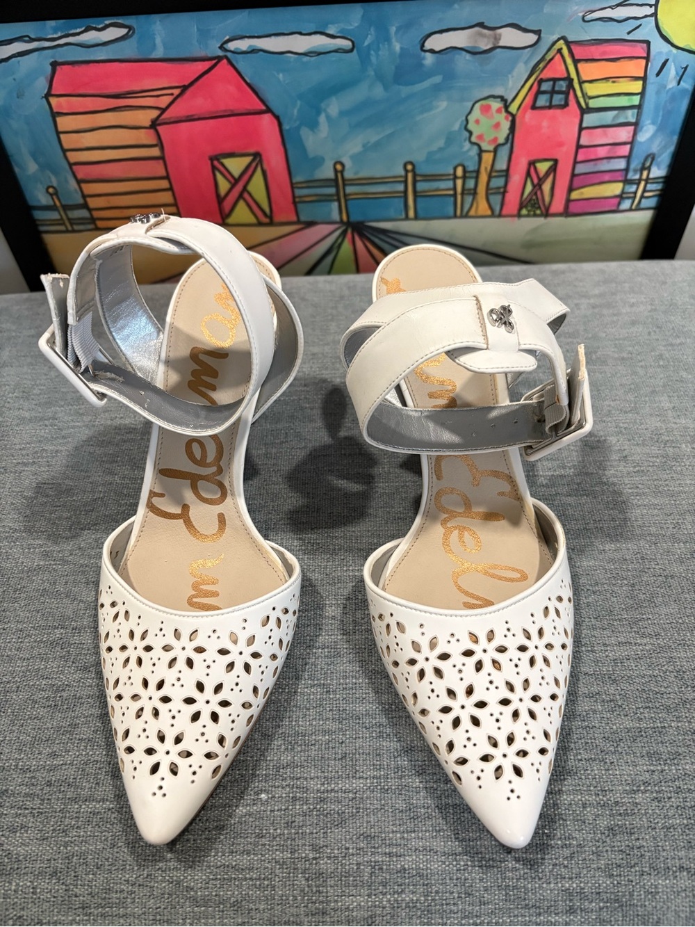 Sam Edelman White Pointed-Toe Perforated Ankle-Strap Heels